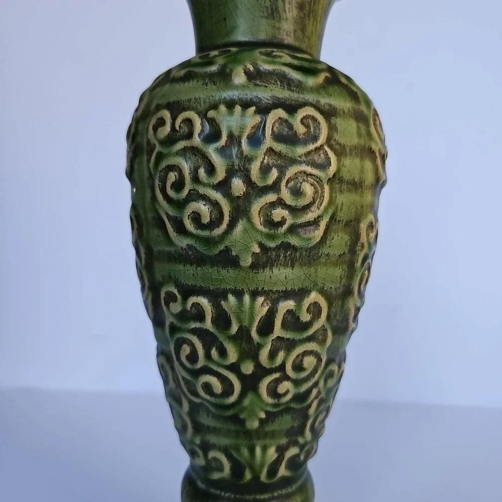 Vintage Pier 1 Imports Green Crackle Glaze Scroll Pillar Candle Holder 12